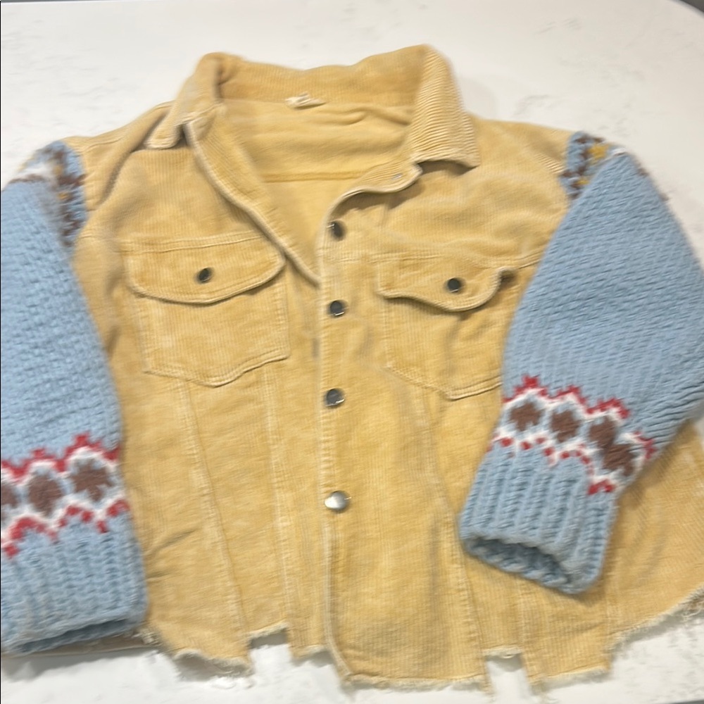 Tan Corduroy Jacket with Blue Knit Sleeves